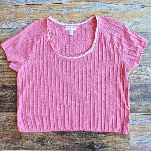 ST. JOHN Sport Wool Blend Santana Ribbed Knit Short Sleeve Sweater Top Pink - Picture 3 of 11